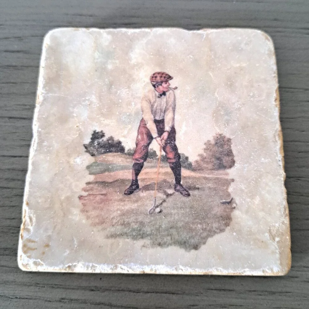 VTG Golf 19th-c Images Coaster Set Handcrafted Marble Giftware by Studio Vertu